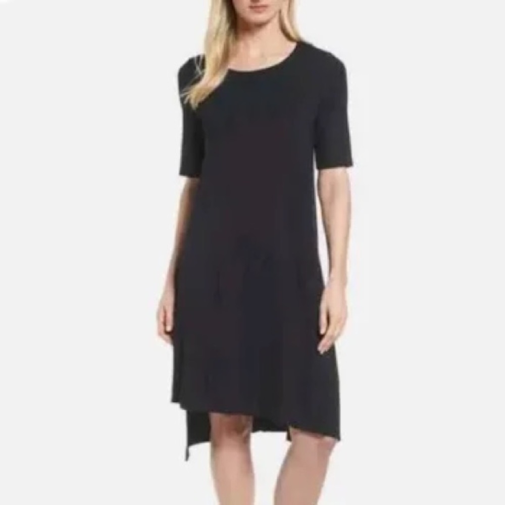 Eileen Fisher Size Small Black Asymmetrical Hem Short Sleeve Shift dress